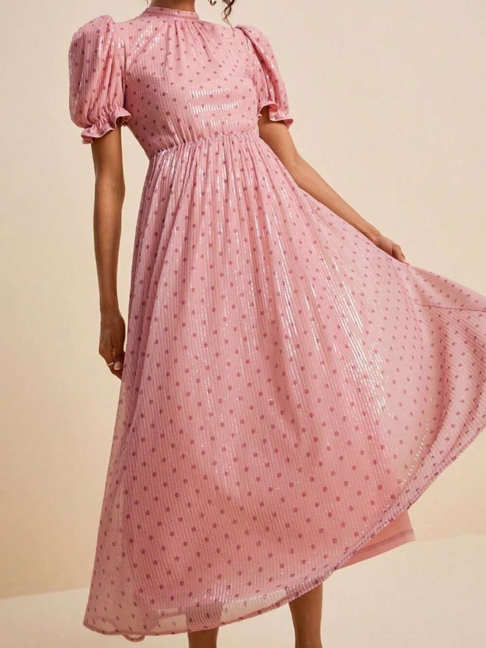 Pink Elegant Women's Polka Dot Beaded A-Line Dress - Picture 7 of 8